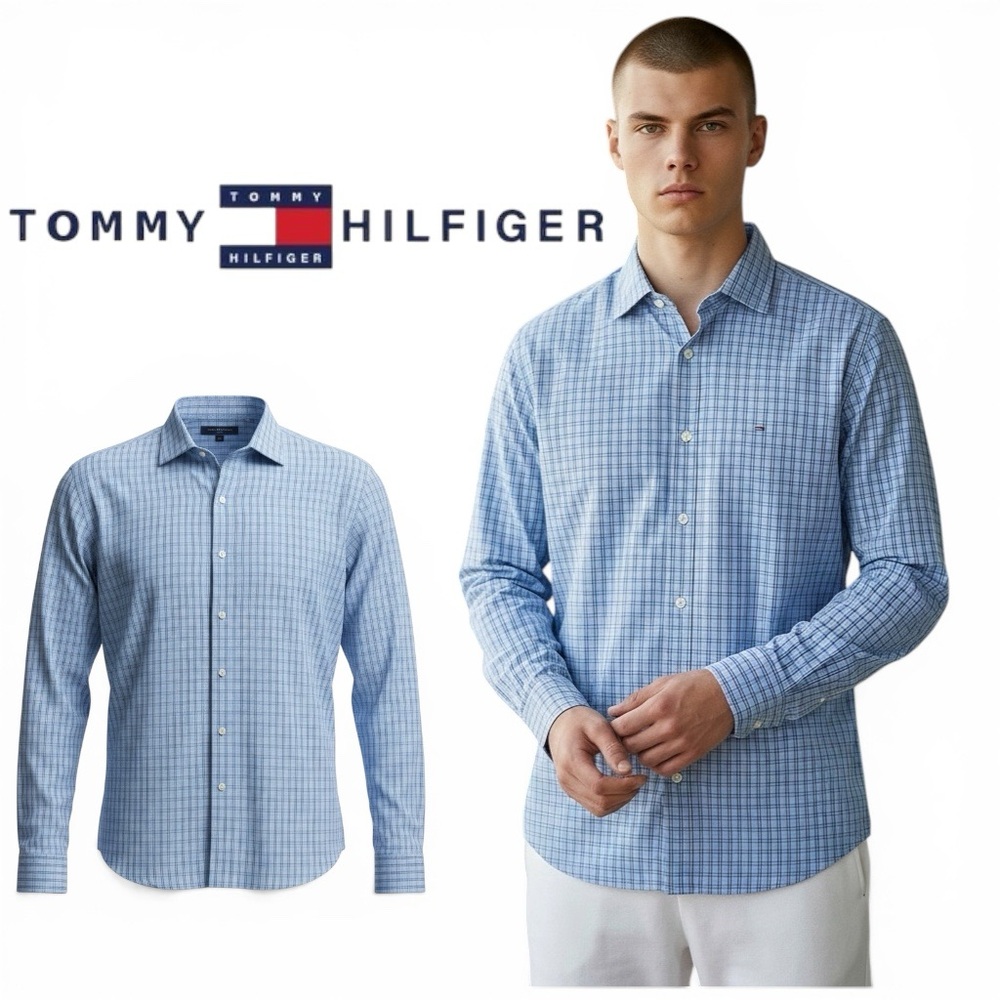 Tommy Hilfiger Shirt Men 15.5 Blue Plaid Long Sleeve Button Up NWT